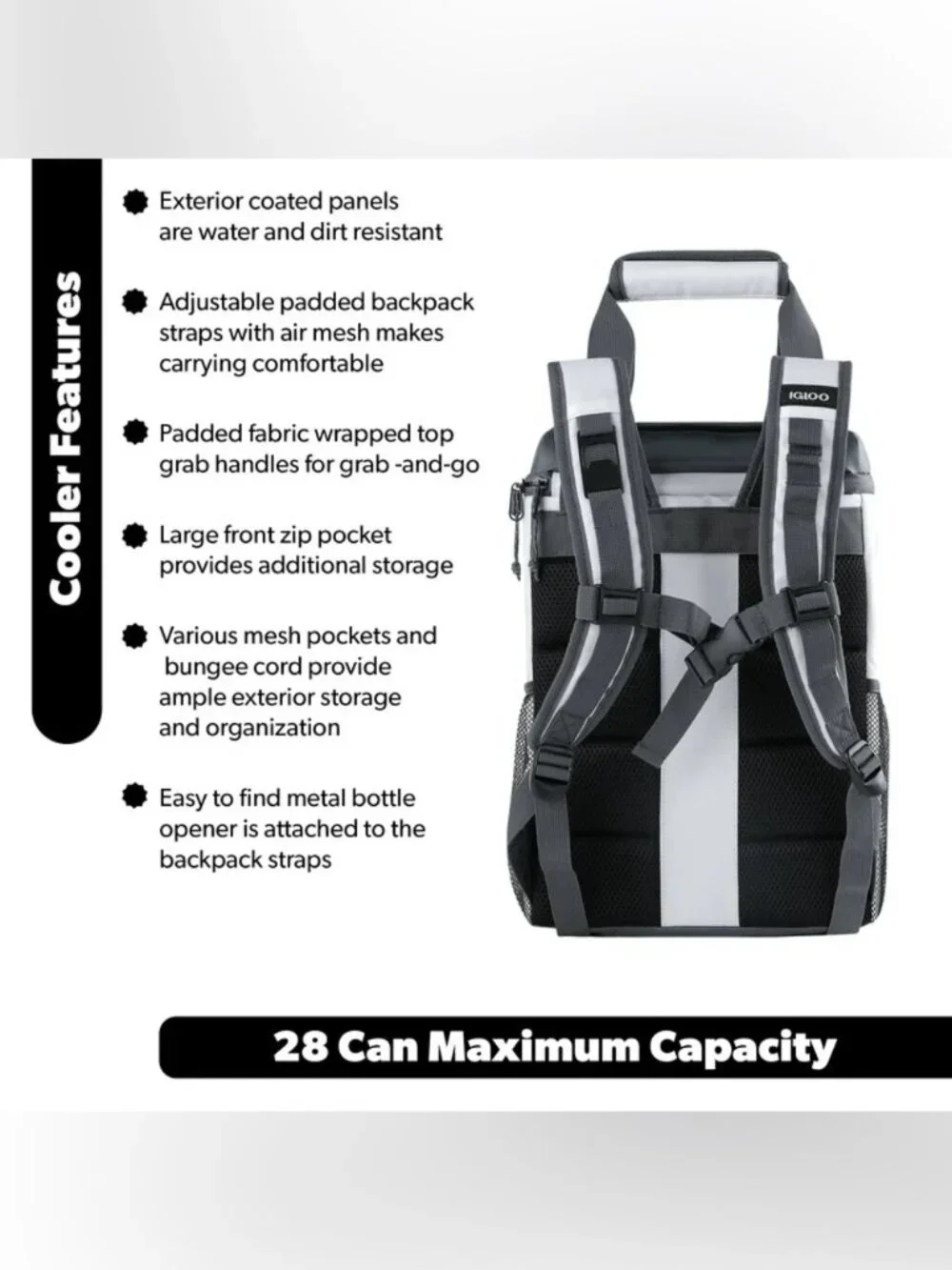 NWT Igloo Marine MaxCold 28 Can Backpack Cooler Soft Insulated White and Grey
